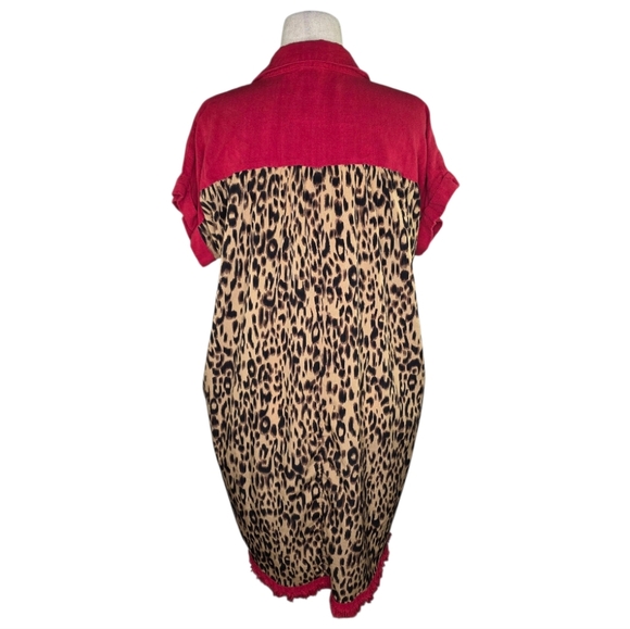 Umgee Red Linen Blend Button Front Tunic Dress Leopard Print Contrast Size L - Picture 3 of 6